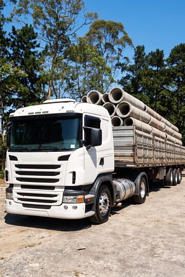 Carreta carregada com tubos de concreto de grande diâmetro, pronta para o transporte.