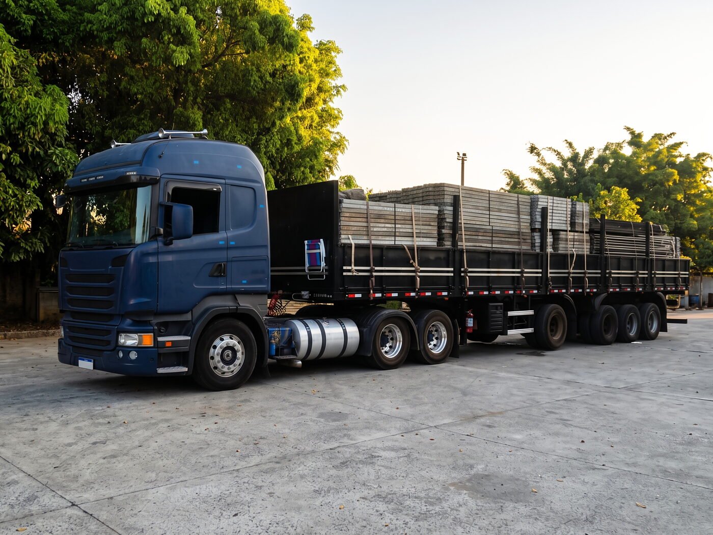Carreta da SAMV LOG carregada por inteiro em pátio de embarque, ao fim da tarde.